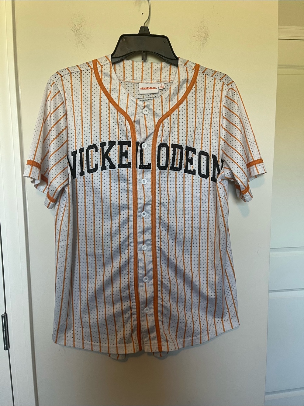 Nickelodeon White Baseball Jersey with Orange Pinstripes